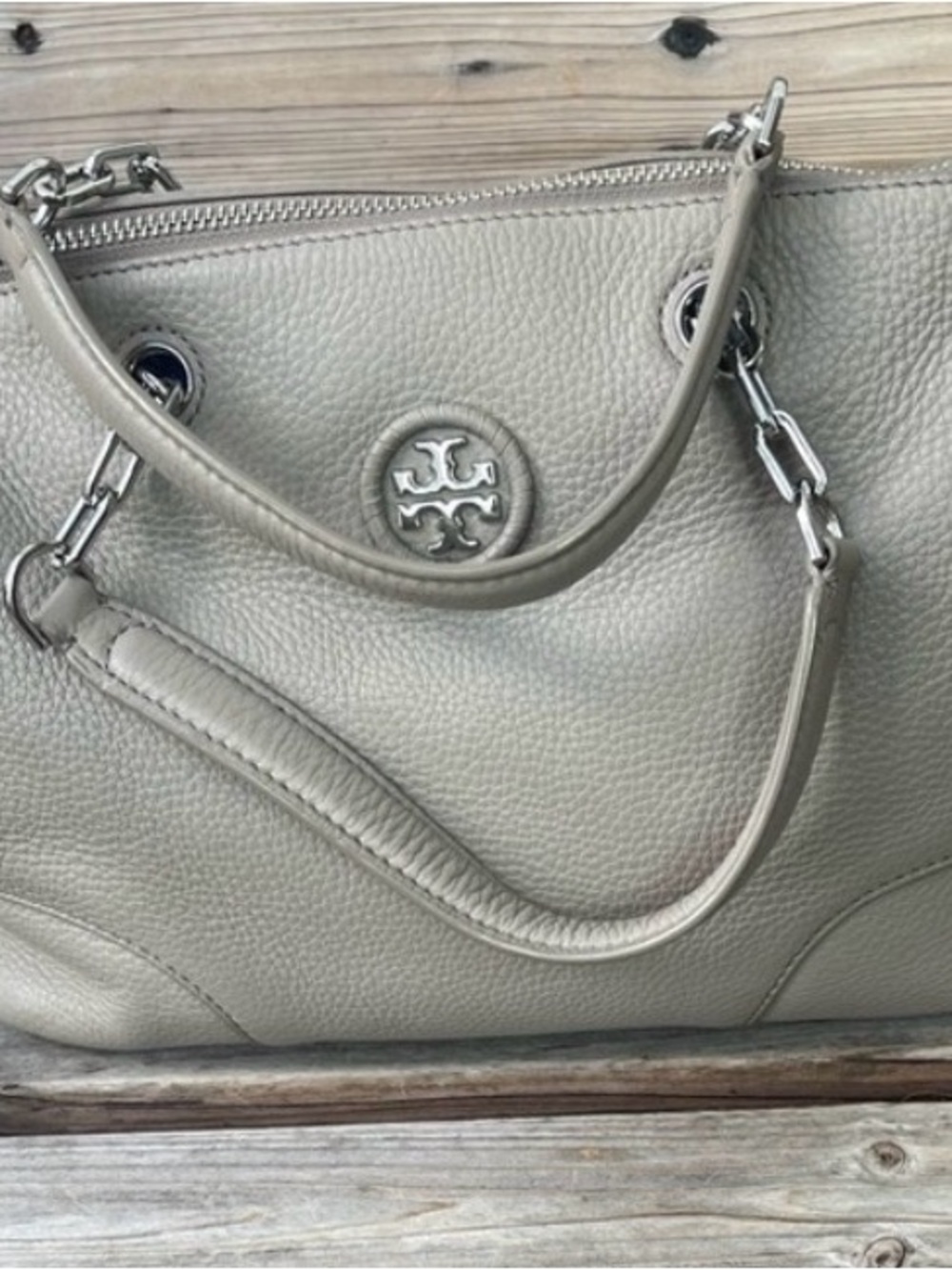 Tory Burch Pebbled Leather Tote in Light Gray